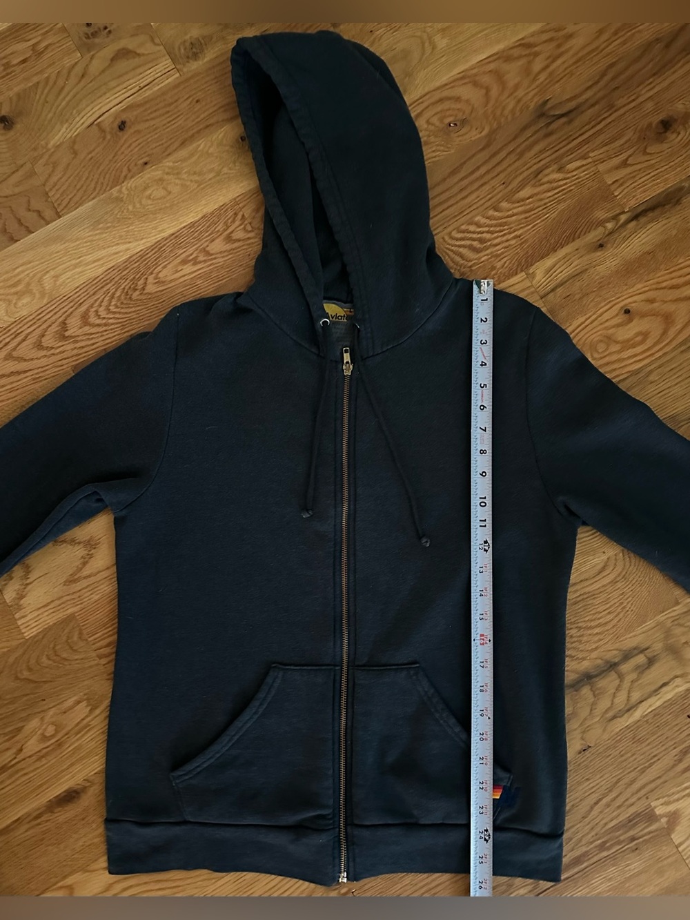 Aviator Nation Navy Gold Bolt Zip Hoodie Women’s Large Raw Edge Sleeves - Picture 9 of 15